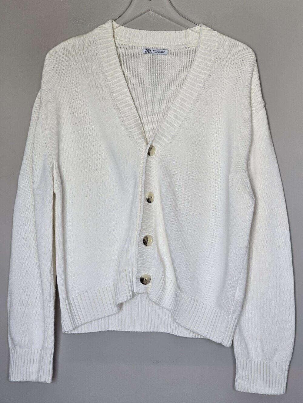 Zara Men's Cotton Cream V-Neck Button Long Sleeve Cardigan Sweater Size M - Picture 4 of 10